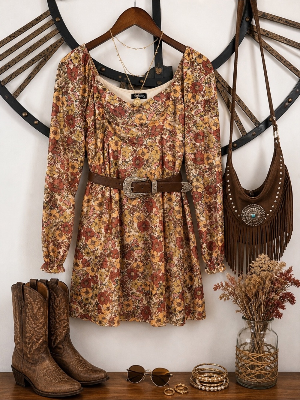 Square Neck Long Sheer Sleeve Floral Dress in Rust Multi